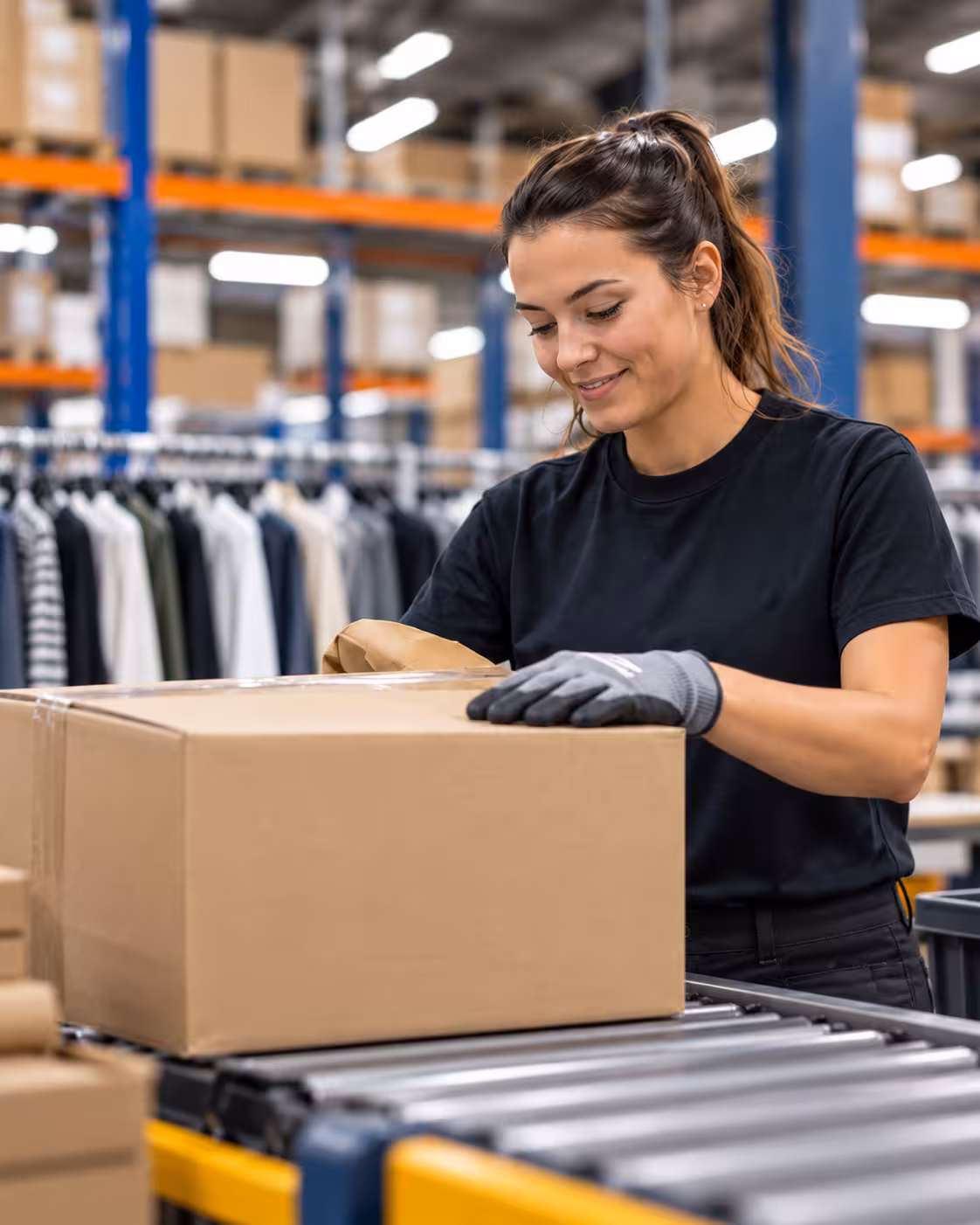 Angajată care lucrează în logistică cu produse fashion